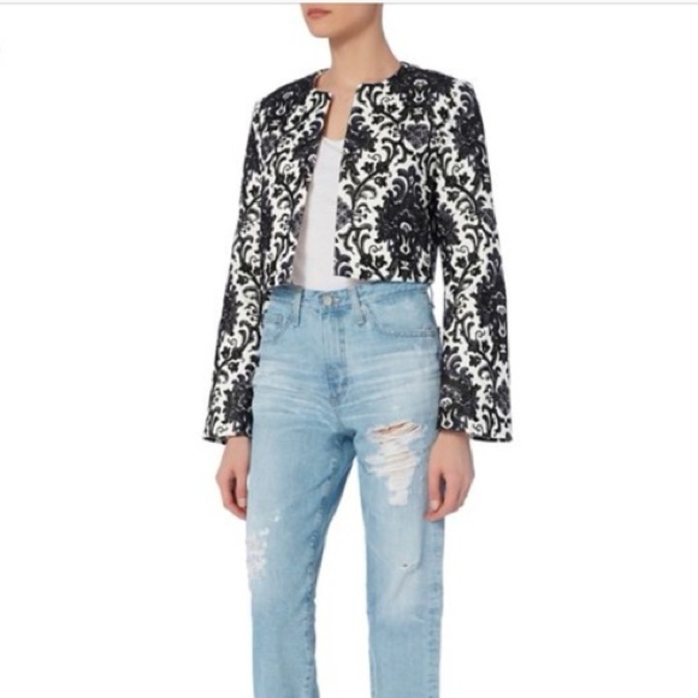 INTERMIX Tarik Embroidered Black, Navy, & Cream Cropped Jacket, size S